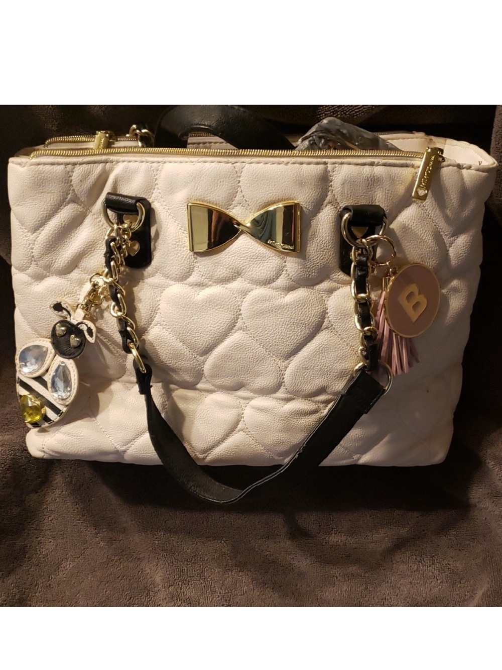 Betsey Johnson Quilted White Leather Bumblebee Satchel Bag w/Gold Hardware